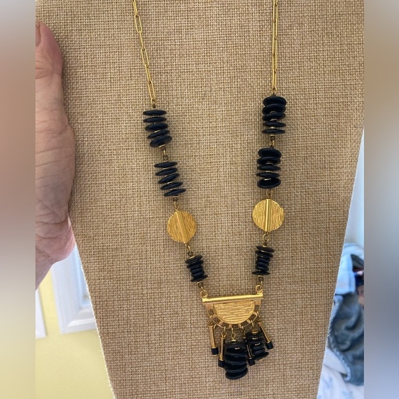 Ethnic Tribal Vintage Gold Tone and Black Beads Necklace‎ Barrel Clasp - Picture 1 of 9